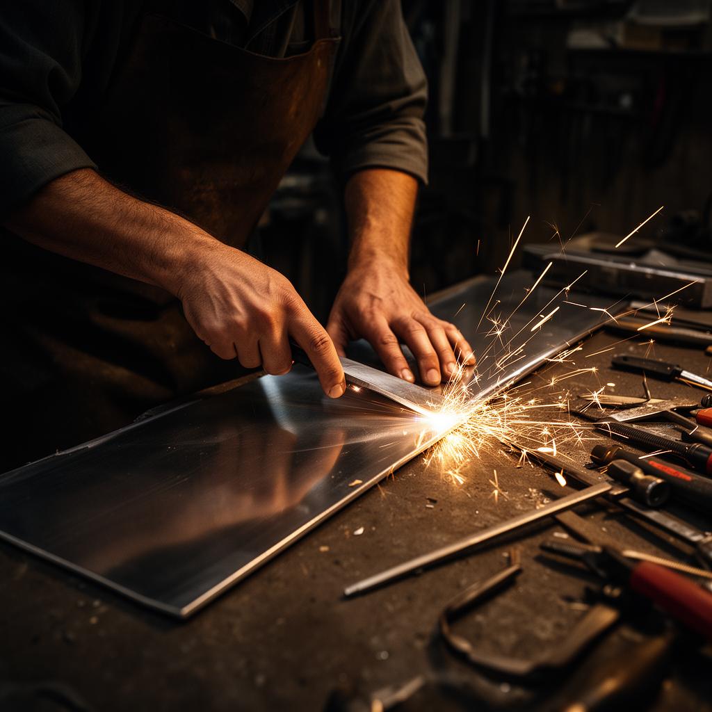 Hands working a metal sheet at the bench, sparks flying